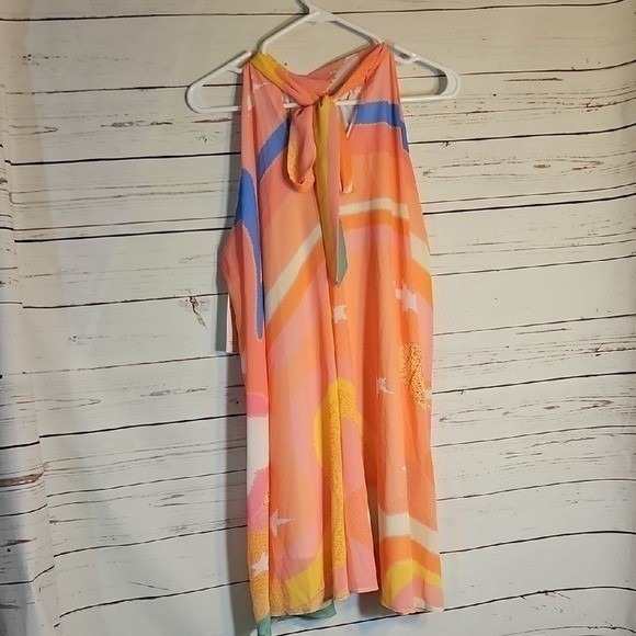 RED DRESS Aura Women M Halter Neck Tie Back Abstract Print Dress‎ NWT - Picture 2 of 5